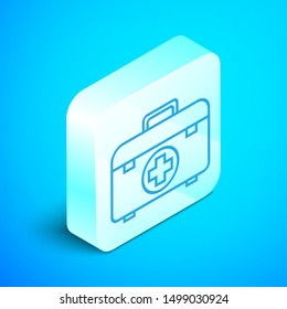 Isometric line First aid kit icon isolated on blue background. Medical box with cross. Medical equipment for emergency. Healthcare concept. Silver square button. Vector Illustration