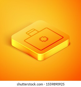 Isometric line First aid kit icon isolated on orange background. Medical box with cross. Medical equipment for emergency. Healthcare concept. Orange square button. Vector Illustration
