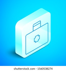 Isometric line First aid kit icon isolated on blue background. Medical box with cross. Medical equipment for emergency. Healthcare concept. Silver square button. Vector Illustration