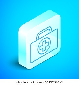 Isometric line First aid kit icon isolated on blue background. Medical box with cross. Medical equipment for emergency. Healthcare concept. Silver square button. Vector Illustration