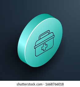 Isometric line First aid kit icon isolated on black background. Medical box with cross. Medical equipment for emergency. Healthcare concept. Turquoise circle button. Vector Illustration
