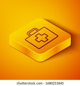 Isometric line First aid kit icon isolated on orange background. Medical box with cross. Medical equipment for emergency. Healthcare concept. Yellow square button. Vector Illustration