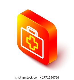Línea isométrica Icono del kit de primeros auxilios aislado en fondo blanco. Caja médica con cruz. Equipo médico de emergencia. Concepto de salud. Botón cuadrado naranja. Ilustración vectorial