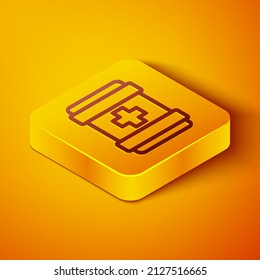 Isometric line First aid kit icon isolated on orange background. Medical box with cross. Medical equipment for emergency. Healthcare concept. Yellow square button. Vector