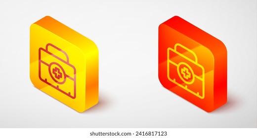 Línea isométrica Icono del kit de primeros auxilios aislado en fondo gris. Caja médica con cruz. Equipo médico de emergencia. Concepto de salud. Botón cuadrado amarillo y naranja. Vector