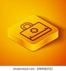 Isometric line First aid kit icon isolated on orange background. Medical box with cross. Medical equipment for emergency. Healthcare concept. Yellow square button. Vector