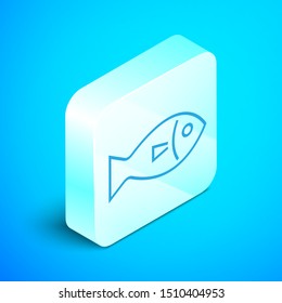Isometric line Fish icon isolated on blue background. Silver square button. Vector Illustration