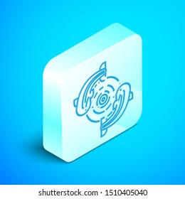 Isometric line Fish icon isolated on blue background. Silver square button. Vector Illustration