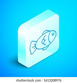 Isometric line Fish icon isolated on blue background. Silver square button. Vector Illustration