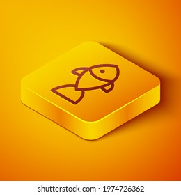 Isometric line Fish icon isolated on orange background. Yellow square button. Vector