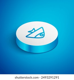 Isometric line Fish icon isolated on blue background. White circle button. Vector