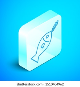 Isometric line Fish on hook icon isolated on blue background. Silver square button. Vector Illustration
