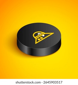 Linha isométrica Ícone do chapéu do pescador isolado no fundo amarelo. Botão círculo preto. Vetor