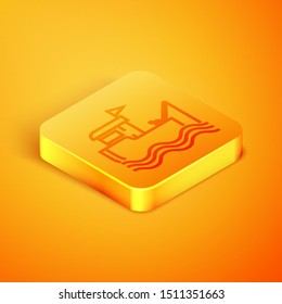 Isometric line Fishing boat with fishing rod on water icon isolated on orange background. Orange square button. Vector Illustration
