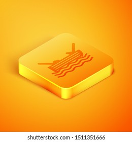 Isometric line Fishing boat with fishing rod on water icon isolated on orange background. Orange square button. Vector Illustration