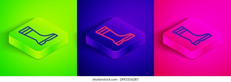 Isometric line Fishing boots icon isolated on green, blue and pink background. Waterproof rubber boot. Gumboots for rainy weather, fishing, hunter, gardening. Square button. Vector