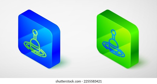 Isometric line Fishing float in water icon isolated on grey background. Fishing tackle. Blue and green square button. Vector