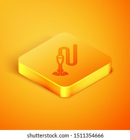 Isometric line Fishing line with hook and float icon isolated on orange background. Fishing tackle. Orange square button. Vector Illustration