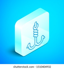 Isometric line Fishing hook icon isolated on blue background. Fishing tackle. Silver square button. Vector Illustration