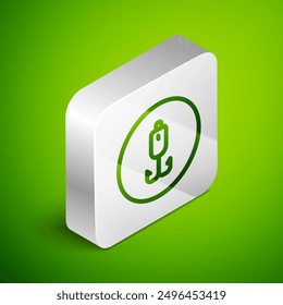 Isometric line Fishing hook icon isolated on green background. Fishing tackle. Silver square button. Vector