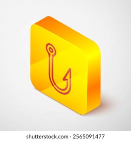 Isometric line Fishing hook icon isolated on grey background. Fishing tackle. Yellow square button. Vector Illustration