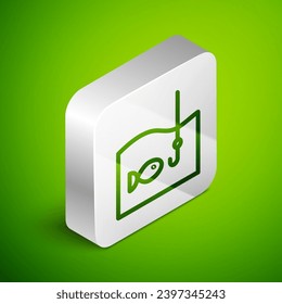 Isometric line Fishing hook under water with fish icon isolated on green background. Fishing tackle. Silver square button. Vector