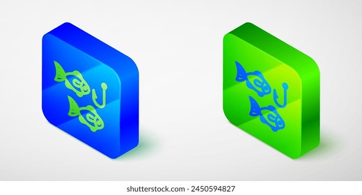 Isometric line Fishing hook under water with fish icon isolated on grey background. Fishing tackle. Blue and green square button. Vector