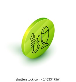 Isometric line Fishing icon isolated on white background. Fish and hook. Strategy concept. Bait sign. Green circle button. Vector Illustration