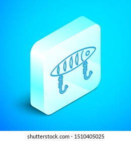 Isometric line Fishing lure icon isolated on blue background. Fishing tackle. Silver square button. Vector Illustration