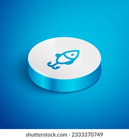 Isometric line Fishing lure icon isolated on blue background. Fishing tackle. White circle button. Vector