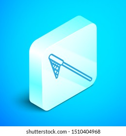 Isometric line Fishing net icon isolated on blue background. Fishing tackle. Silver square button. Vector Illustration