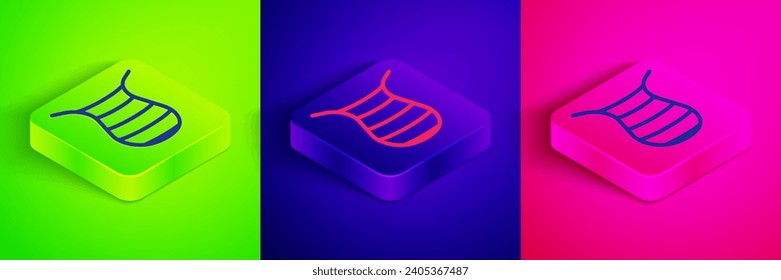 Isometric line Fishing net icon isolated on green, blue and pink background. Fishing tackle. Square button. Vector