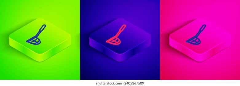 Isometric line Fishing net icon isolated on green, blue and pink background. Fishing tackle. Square button. Vector