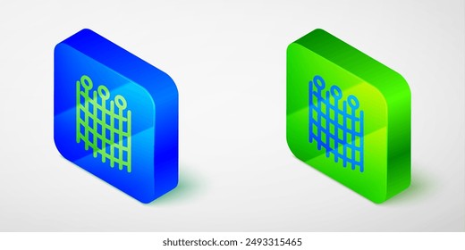 Isometric line Fishing net pattern icon isolated grey background. Fishing tackle. Blue and green square button. Vector