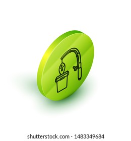 Isometric line Fishing rod and fish icon isolated on white background. Put fish into a bucket. Fishing equipment and fish farming topics. Green circle button. Vector Illustrationn