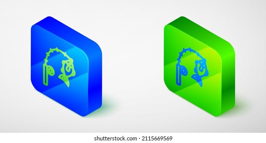 Isometric line Fishing rod and fish icon isolated on grey background. Fishing equipment and fish farming topics. Blue and green square button. Vector