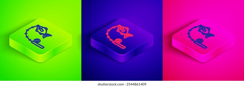 Isometric line Fishing rod and fish icon isolated on green, blue and pink background. Fishing equipment and fish farming topics. Square button. Vector