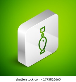 Isometric line Fishing spoon icon isolated on green background. Fishing baits in shape of fish. Fishing tackle. Silver square button. Vector