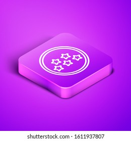 Isometric line Five stars customer product rating review icon isolated on purple background. Favorite, best rating, award symbol. Purple square button. Vector Illustration
