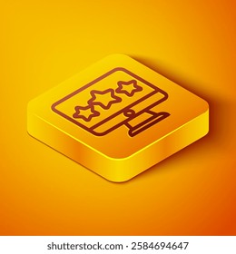 Isometric line Five stars customer product rating review icon isolated on orange background. Favorite, best rating, award symbol. Yellow square button. Vector