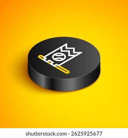 Isometric line Flag with baseball ball icon isolated on yellow background. Black circle button. Vector
