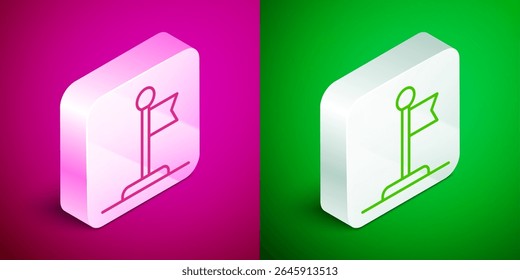 Icono de bandera de línea isométrica aislado en fondo rosa y verde. Victoria, ganar y conquistar el concepto de adversidad. Botón cuadrado plateado. Vector