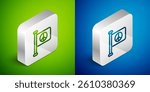 Isometric line Flag peace icon isolated on green and blue background. Hippie symbol of peace. Silver square button. Vector