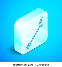 Isometric line Flame arrow icon isolated on blue background. Hipster arrow icon. Silver square button. Vector Illustration