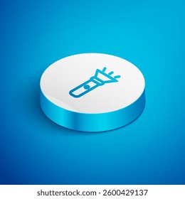 Isometric line Flashlight icon isolated on blue background. White circle button. Vector