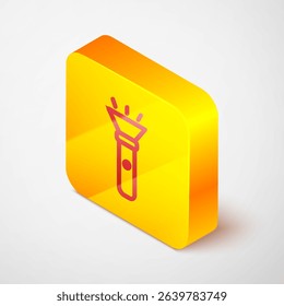 Isometric line Flashlight icon isolated on grey background. Yellow square button. Vector