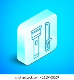 Isometric line Flashlight and knife icon isolated on blue background. Silver square button. Vector Illustration