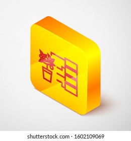 Isometric line Flower analysis icon isolated on grey background. Yellow square button. Vector Illustration