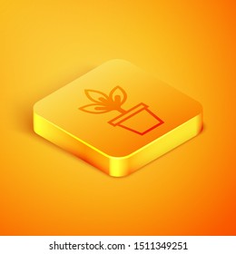 Isometric line Flowers in pot icon isolated on orange background. Plant growing in a pot. Potted plant sign. Orange square button. Vector Illustration