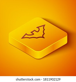 Isometric line Flying bat icon isolated on orange background. Yellow square button. Vector